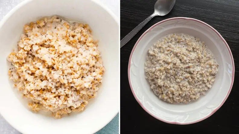On left, RealEats photo of Coconut Chia Oatmeal shot from above. On right, Reviewed's photo of the same product from the same angle.