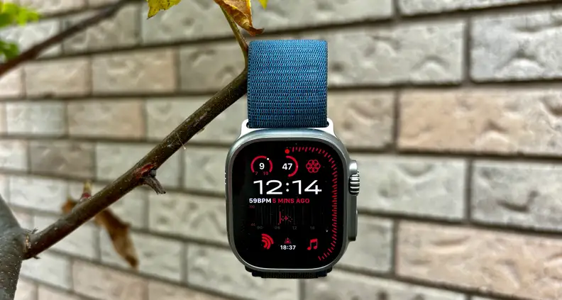An Apple Watch Ultra 2 hangs from the branch of a tree.