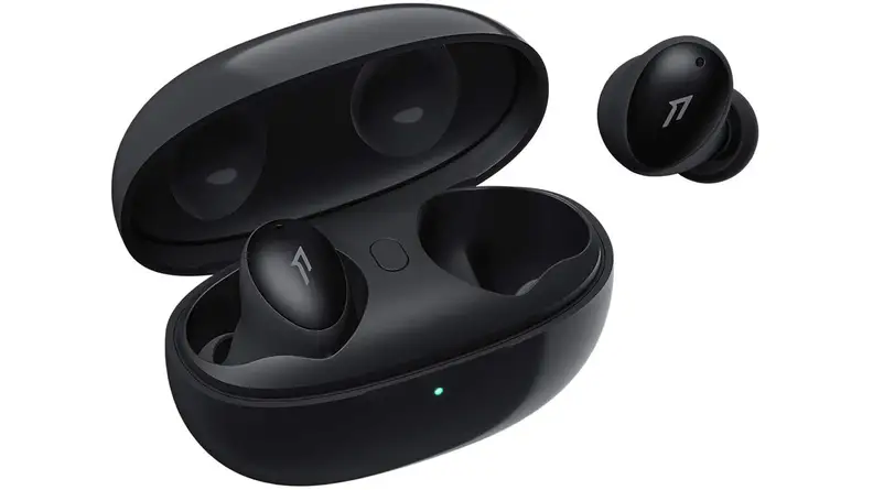 A pair of the 1MORE Colorbuds and charging case on a white background