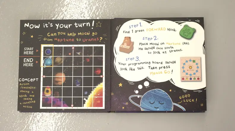 The book that comes with each Mochi kit includes directions on how to get your kid coding with the Mochi board and coding pieces.