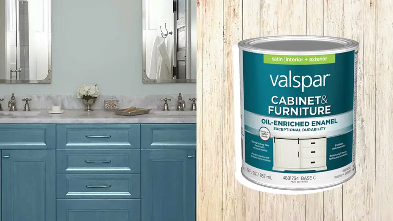 Left: A painted bathroom vanity; Right: A can of Valspar Cabinet Enamel paint on a wood background