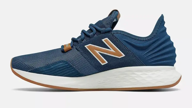 A blue New Balance Fresh Foam Roay backpack shoe against a white background.