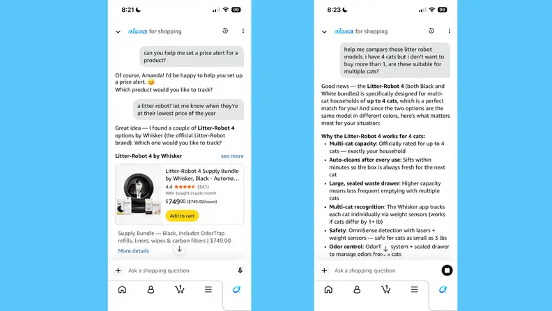 A screenshot of Alexa for Shopping on mobile comparing Litter-Robot models for a multi-cat household, with product details and pricing displayed.