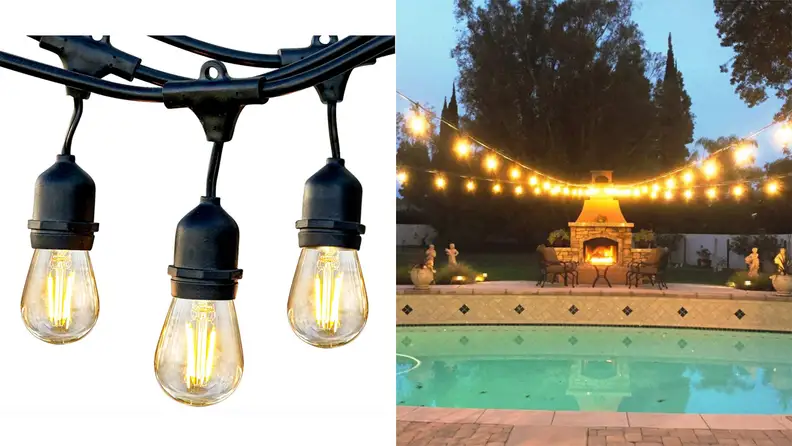 Edison bulb string lights against a white background and hanging over a pool, among the best modern outdoor lighting ideas.