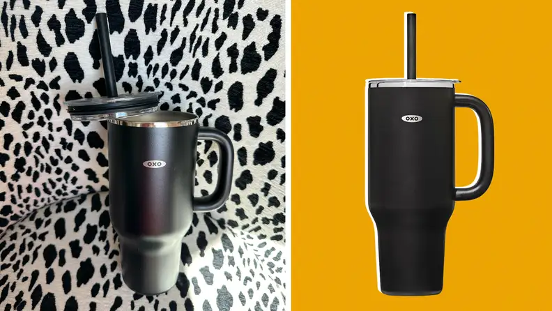 A Oxo Strive Tumbler on animal print and an orange background.
