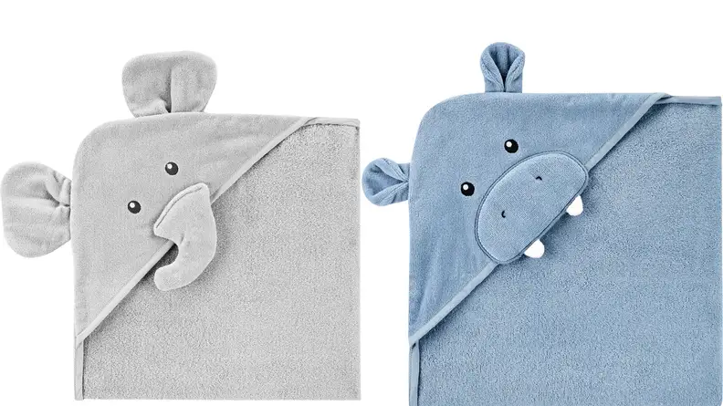 Two hooded towels featuring elephant and hippo designs