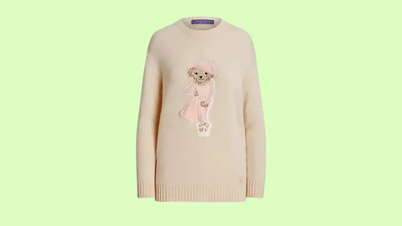 A product shot of a Ralph Lauren Polo Bear sweater.