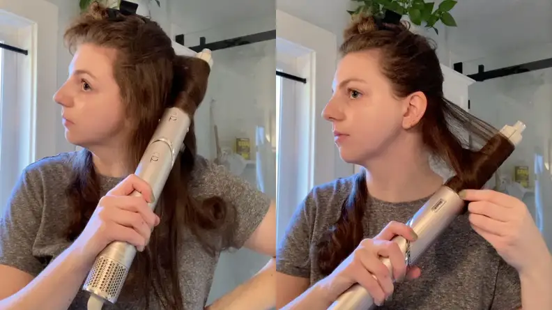 On the left and right: The author using the Shark Flexstyle to curl her hair.