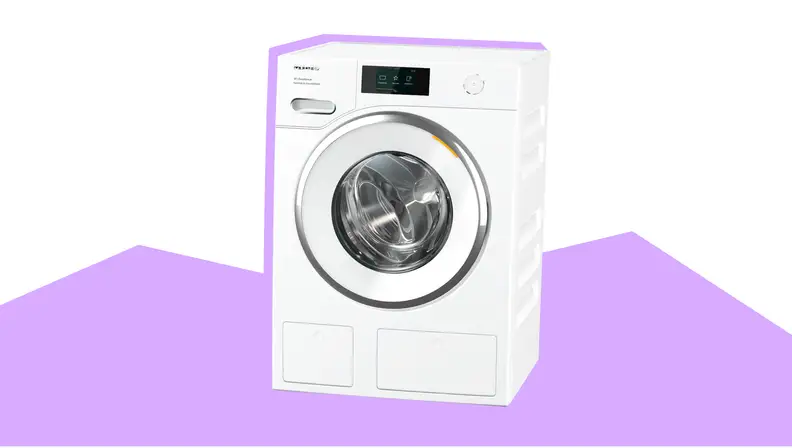 A Miele compact washer on a purple and white background