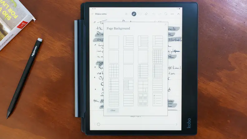 The Kobo Elipsa 2e's note-taking template selection interface on display