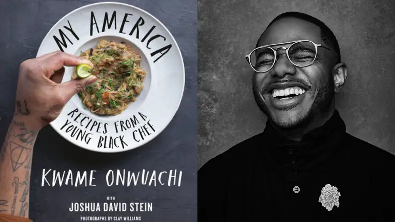 On left, My America cookbook. On right, black-and-white photo of Kwame Onwuachi laughing.