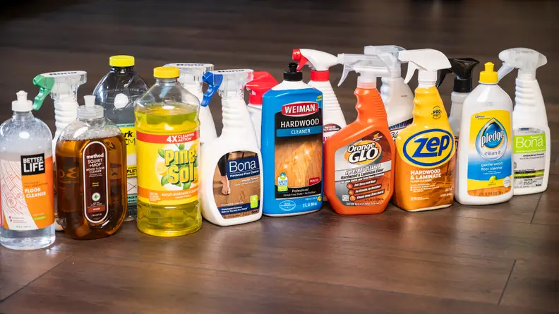 A collection of different cleaning solution bottles.