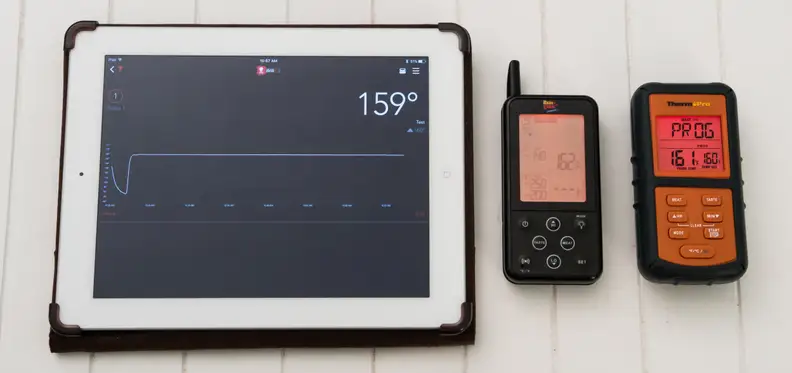 The three receivers for all three thermometers, including an iPad for the iGrill (but you can use any iOS or Android device). Note the Maverick's poor viewing angle.