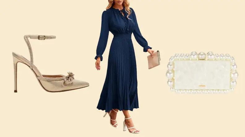 A gold high heel, a navy dress, and a white clutch.