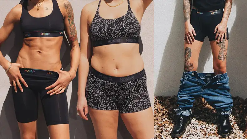 two bodies wearing sports bras and boxers and one person with their pants around their ankles and boxers.