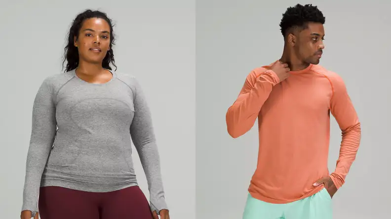 Left: woman wearing gray lululemon swift tech top. Right: man wearing orange lululemon metal vent tech top.