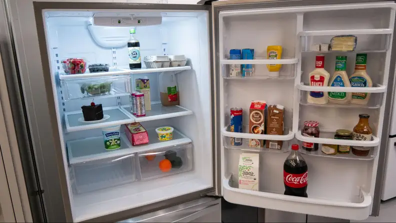 The Whirlpool WRB322DMBM open with food and condiments inside.