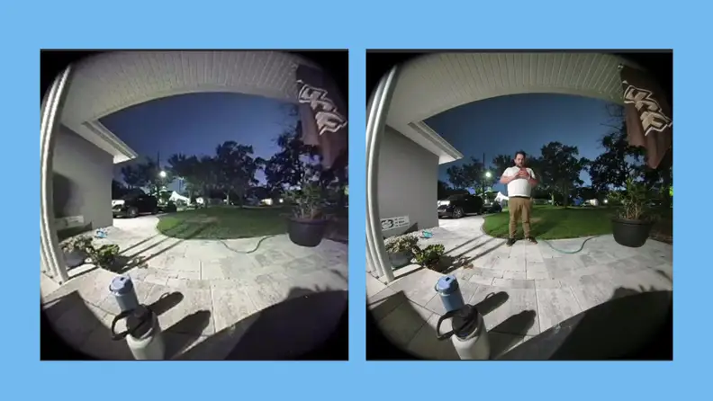 A side by side of a nighttime view from a Ring doorbell camera