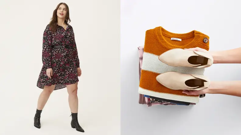 Plus size Woman wearing a dress next to a pile of clothing in a pair of hands