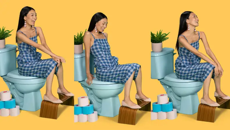 Three images of woman sitting on toilet using Squatty Potty while sitting on toilet in front of yellow background.