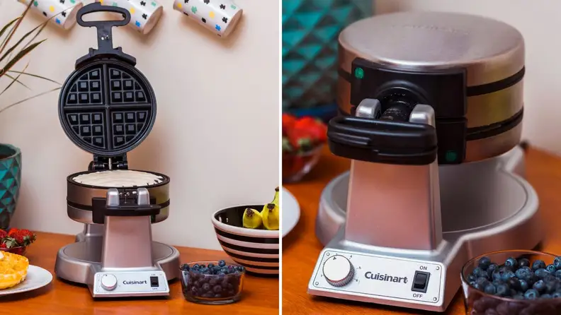 On left, Cuisinart WAF-F20 waffle maker on table, next to fruit and waffle on plates. On right, close up shot of the On left, Cuisinart WAF-F20 waffle maker.