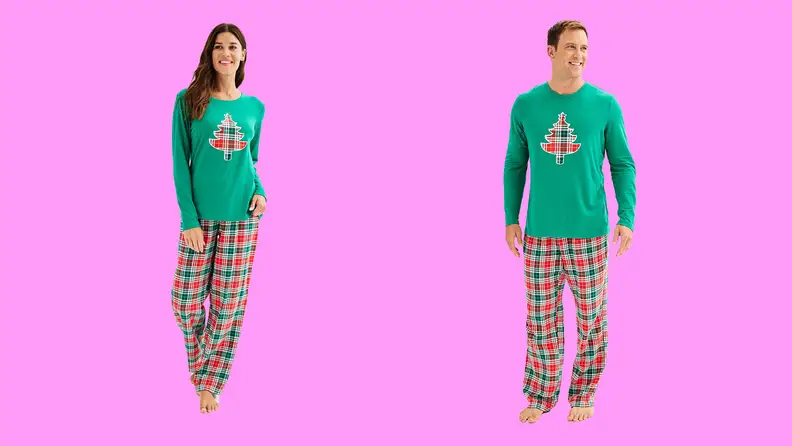 Tree family christmas pajamas on a pink background.