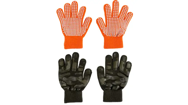 An image of two pairs of child's gloves, one in orange with grips and the other in camo print.