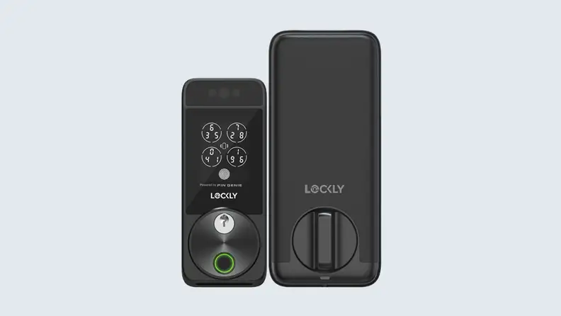 The Lockly Visage smart lock in black on a light blue background.
