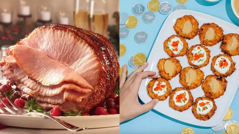 On left, spiralized ham on a dish. On right, a hand reaching onto a plate of latkes.