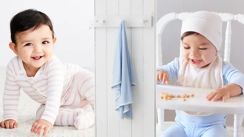 On left, infant smiling in pink and white striped onesie. In middle, blue baby blanket. On right, child smiling in highchair while eating Cheerios.