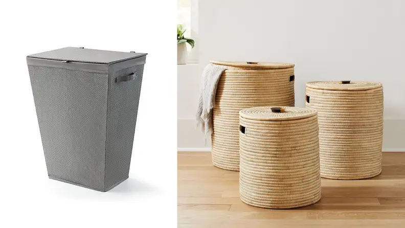 one gray rectangular hamper next to three round jute hampers