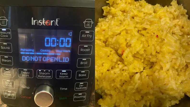 The Instant Pot's timer at zero and some yellow rice fully cooked inside.