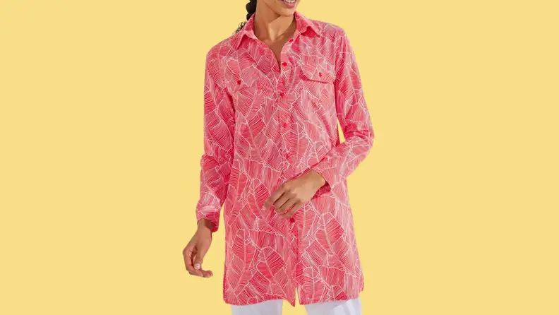 A red tunic with white print.