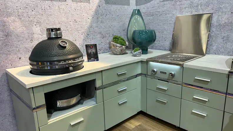 Retro mint green outdoor cabinetry on display