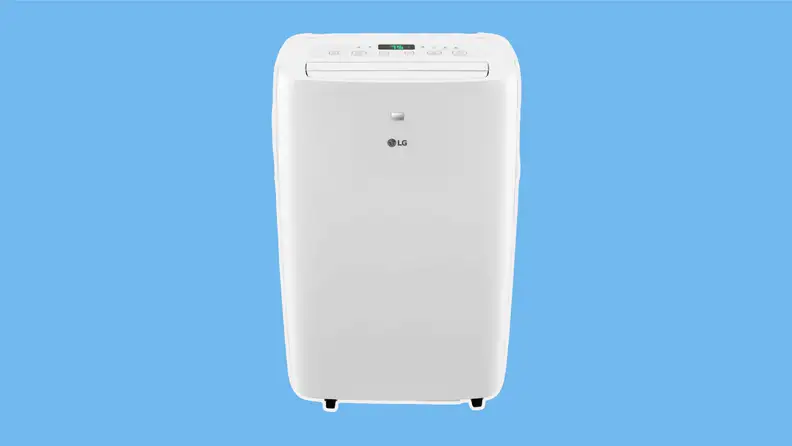 A LG LP0621WSR portable air conditioner on a blue background