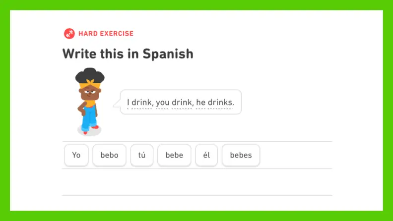 A Duolingo exercise prompting the user to translate “I drink, you drink, he drinks” into Spanish using selectable word tiles.