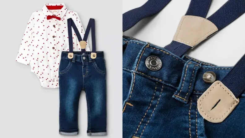 Children's white button down with red hearts paired with denim jeans and suspenders.