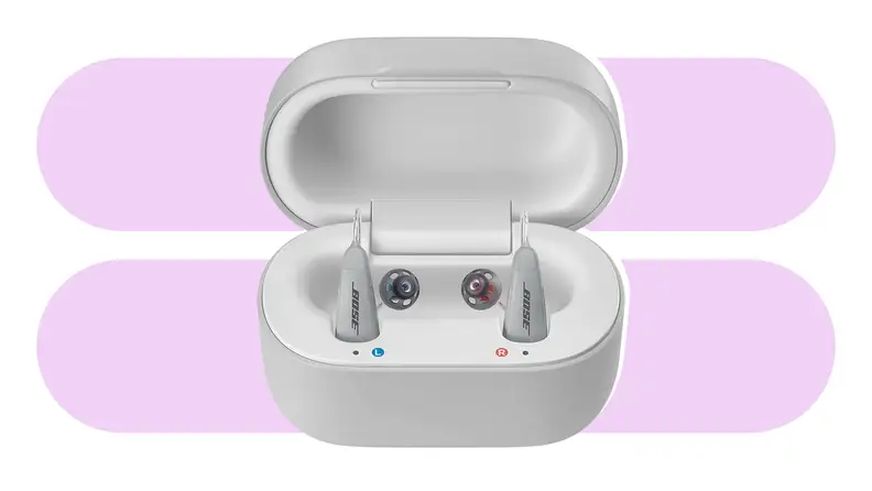 Lexie B2 hearing aids on a blue and white background