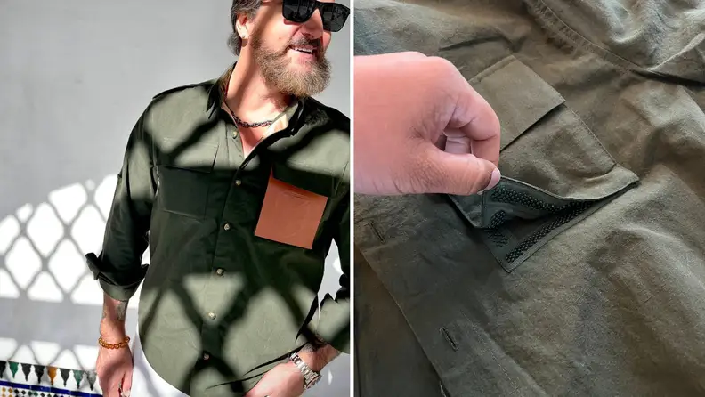 A model wearing a green canvas shirt with a leather pocket, and a close-up of how the leather pocket can be swapped out.