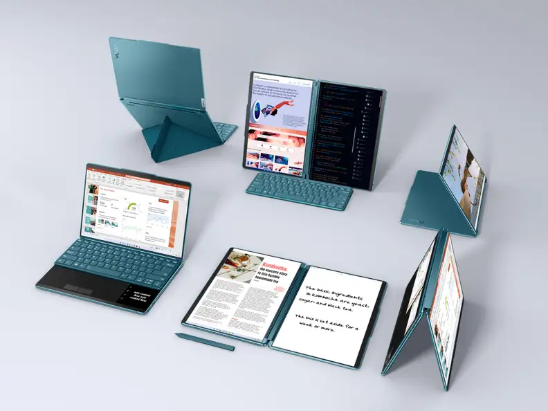 A flexible laptop shown in a variety of open and closed positions.
