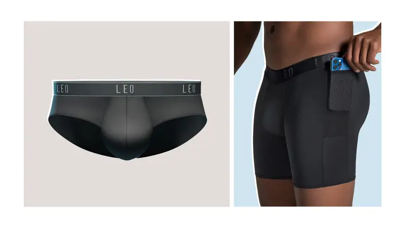Collage image of a pair of black briefs against a gray background, and a detail shot of a model wearing black boxer briefs that have a mesh pocket on the side. The model is putting a phone into the pocket.