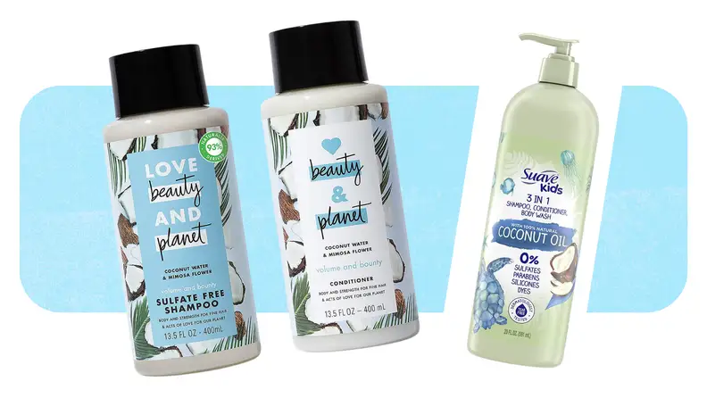 Product shots of the Love Beauty and Planet shampoos and conditioners next to Suave's Kids 3 in 1 Shampoo, Conditioner, and Body Wash.
