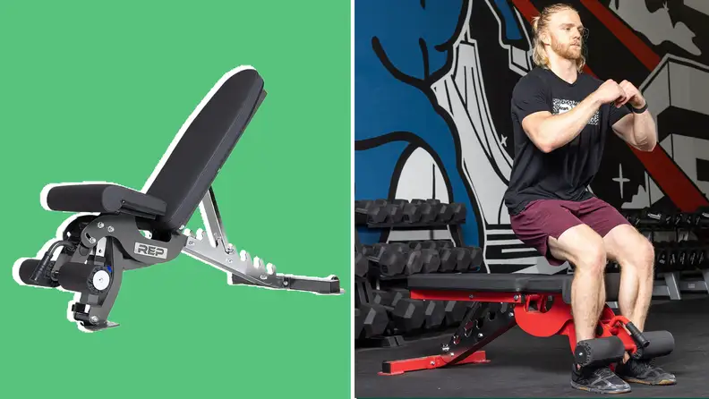 On left, black adjustable fitness bench from Rep Fitness. On left person using workout bench to complete workout in gym.