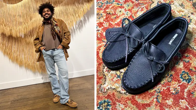 A man wearing brown moccasins with jeans and a suede jacket, also a photograph of a pair of blue shoes on a rug.