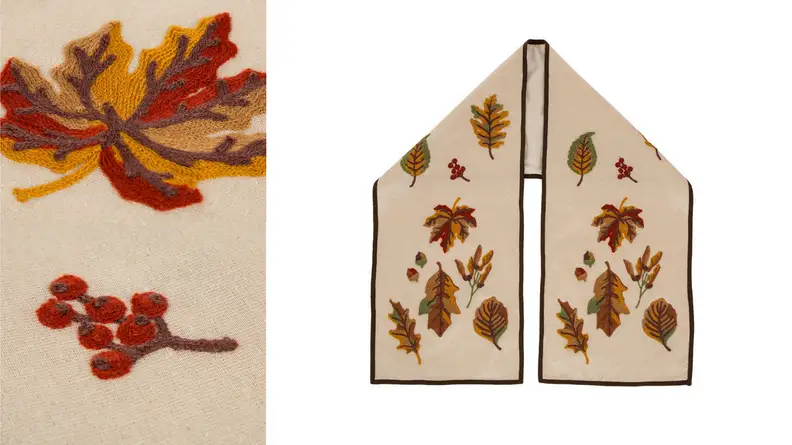 An image of an embroidered table runner accompanied by a close up shot of the embroidery featuring two bits of fall foliage.