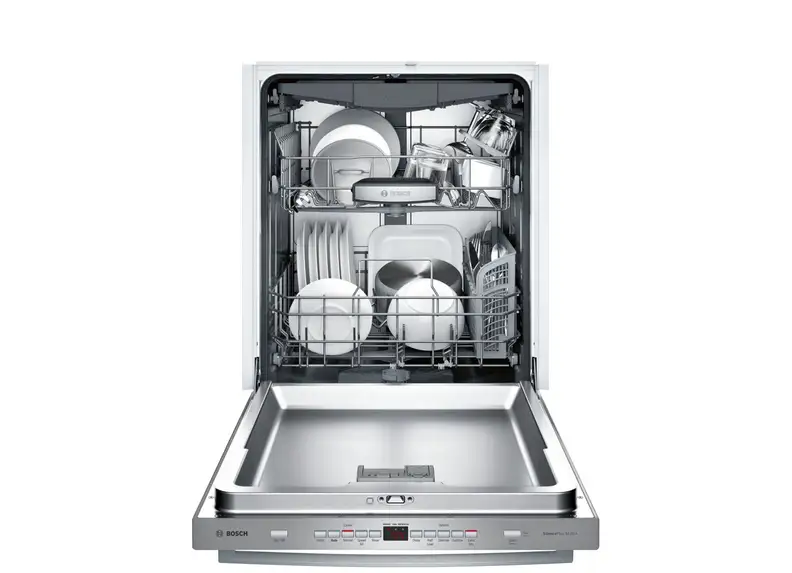 The Bosch 500 Series dishwasher, open, with three standard racks and an optional bar handle.