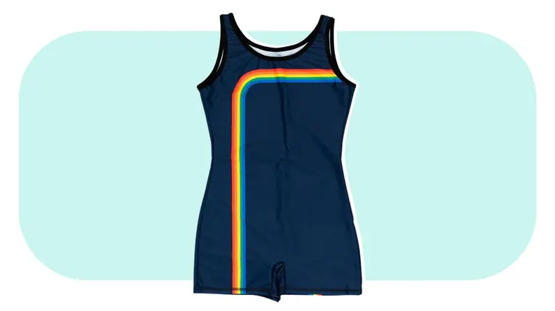 A bodysuit-style one-piece bathing suit with a rainbow detail.
