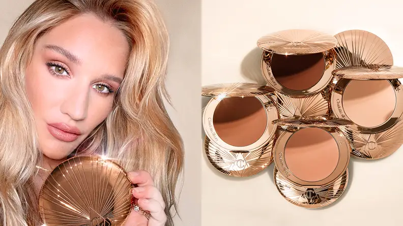 On the left: A person staring at the camera and holding the Charlotte Tilbury Airbrush Matte Bronzer. On the right: Four colors of the Charlotte Tilbury Airbrush Matte Bronzer on a cream background with the packaging open.