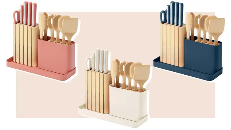 Three different storage units containing prepware in pink, white and blue.