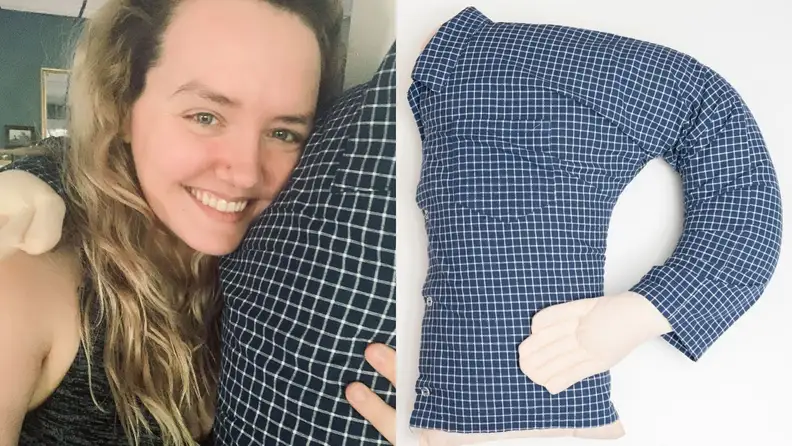 A woman cuddling the Boyfriend Pillow and what it looks like on its own